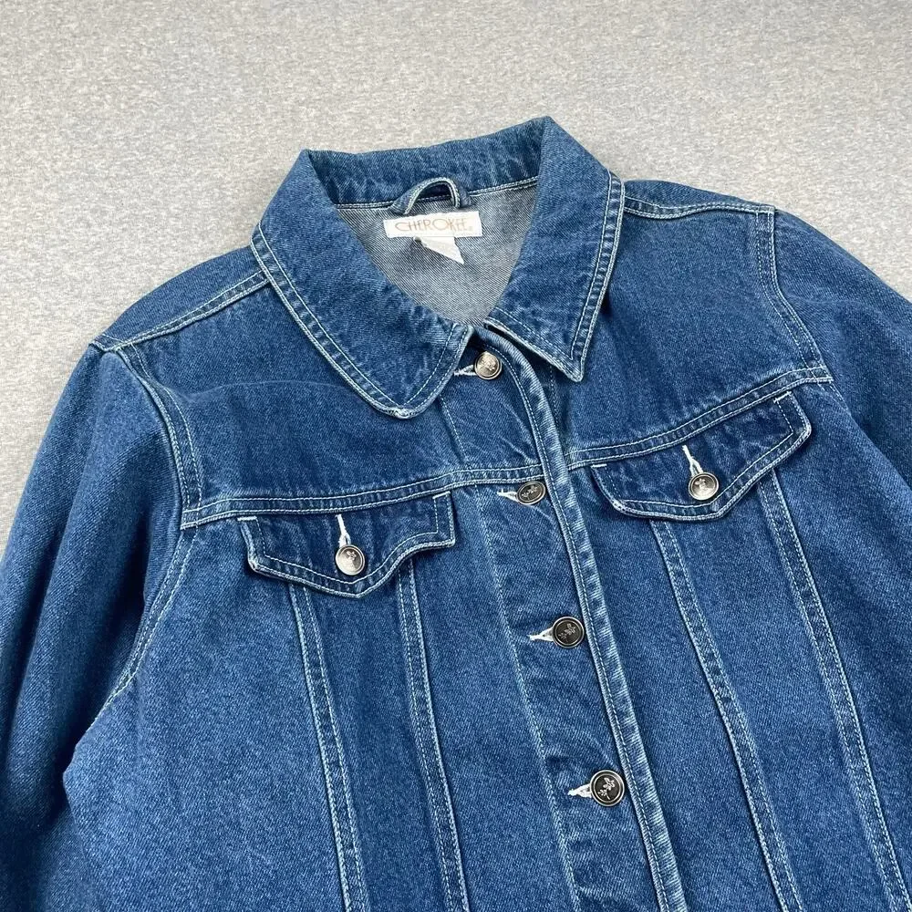 90s VTG Cherokee Denim Jacket Womens S Blue Jean Button Up Western Retro Preppy